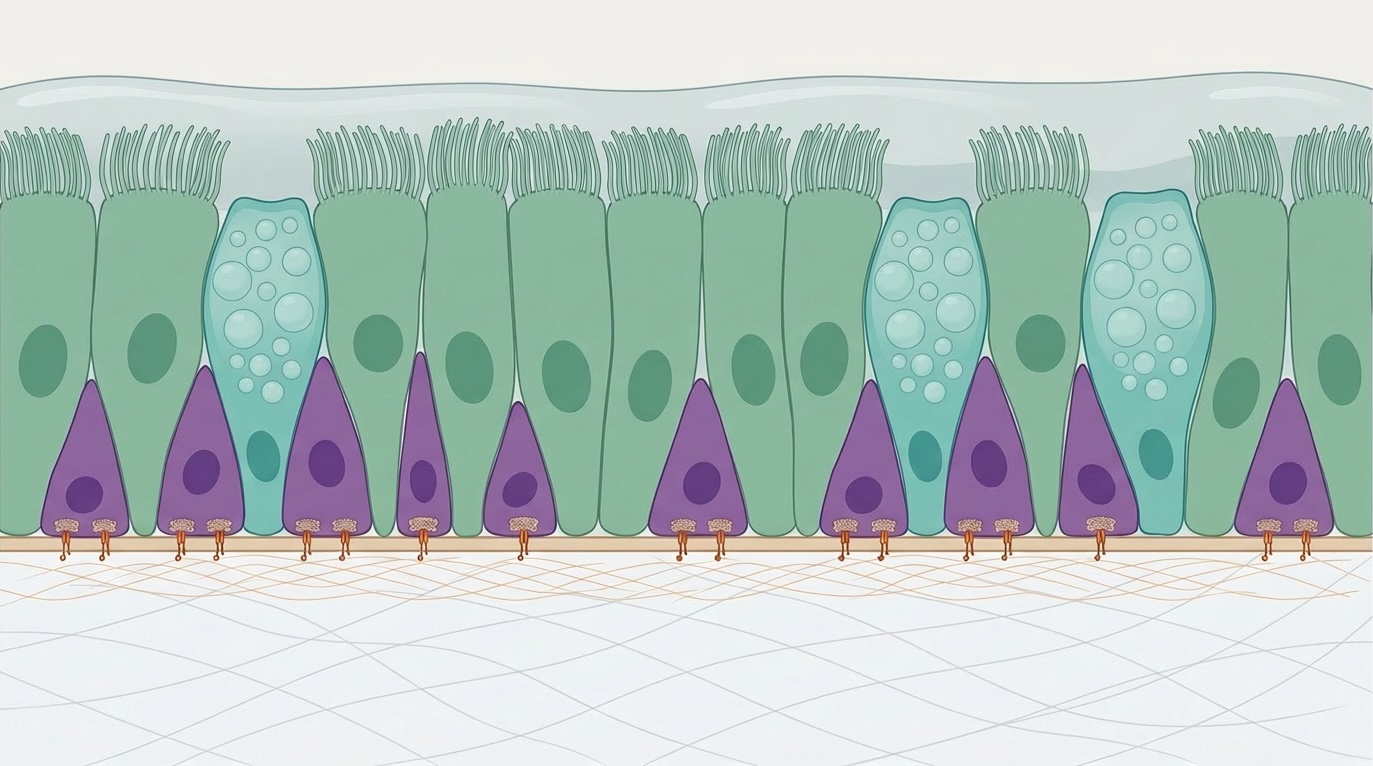 Illustration of airway basal cells in the pseudostratified epithelium
